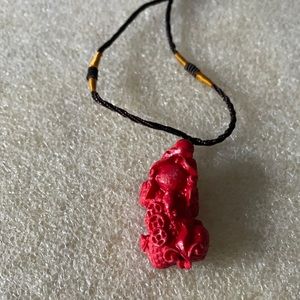 Vintage engraved luck good dog cinnabar necklace